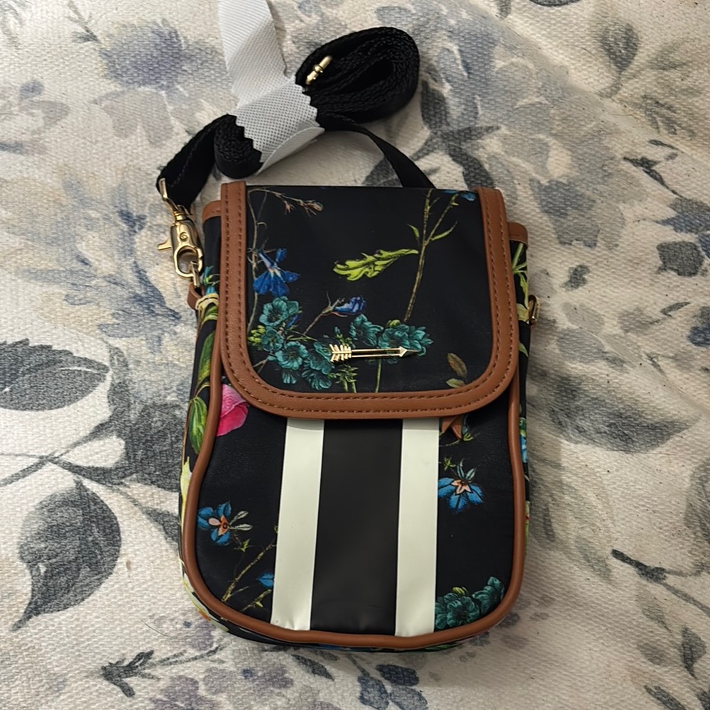 Stella & Dot Black and Green Crossbody Bag with Floral Pattern